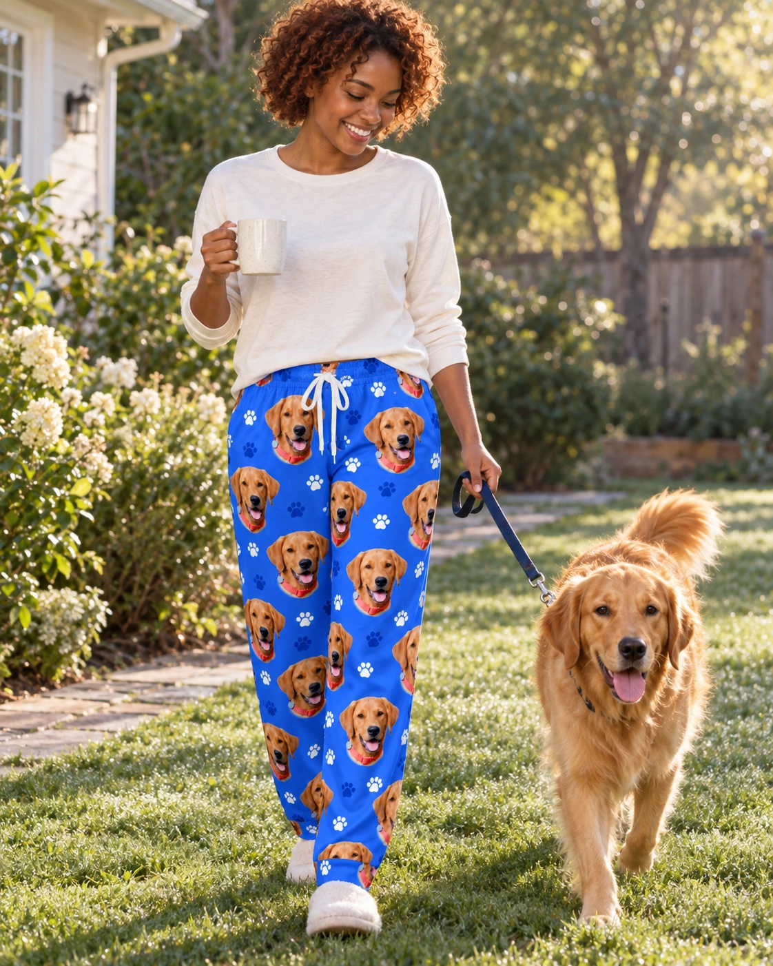 Plaid Pajama Pants – With Dog, Royal Blue Paw-Print | MyDogPics Woman in plaid pajama pants with her golden retriever — MyDogPics