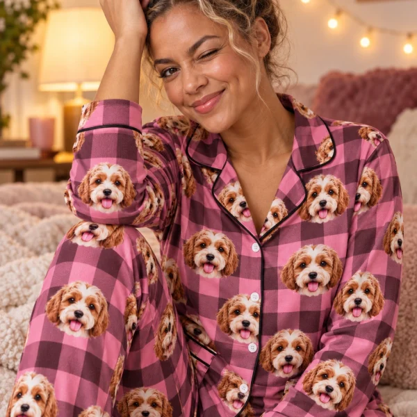 Close-up of the plaid pajamas print: doodle puppy faces on pink plaid fabric with contrast piping — MyDogPics