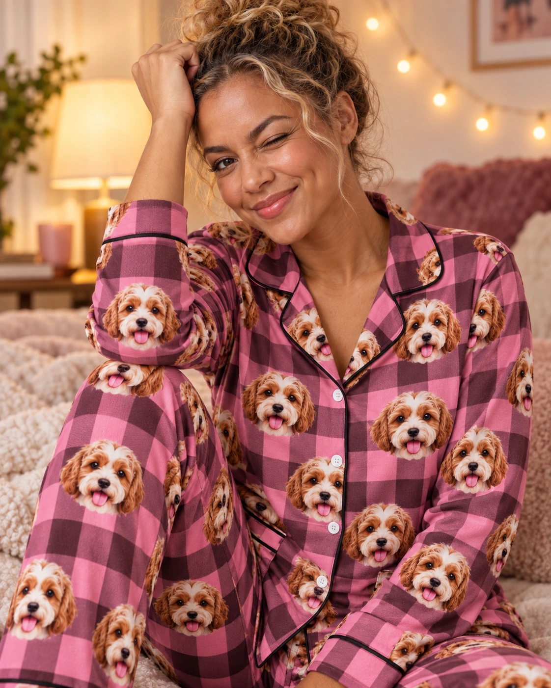 Plaid Pajamas – Print Close-Up, Pink Plaid | MyDogPics Close-up of the plaid pajamas print: doodle puppy faces on pink plaid fabric with contrast piping — MyDogPics