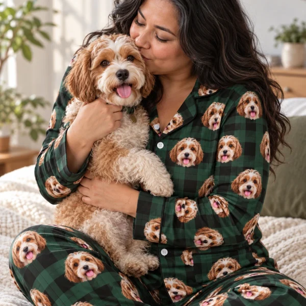 Woman in plaid pajamas cuddling her doodle puppy — MyDogPics