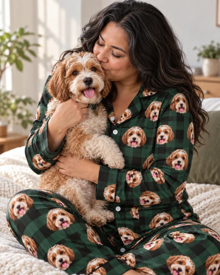 Woman in plaid pajamas cuddling her doodle puppy — MyDogPics