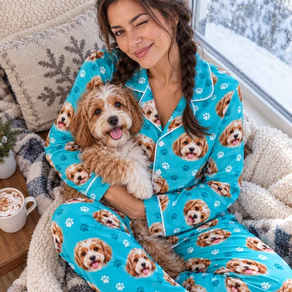 Woman in plaid pajamas cuddling her doodle puppy — MyDogPics