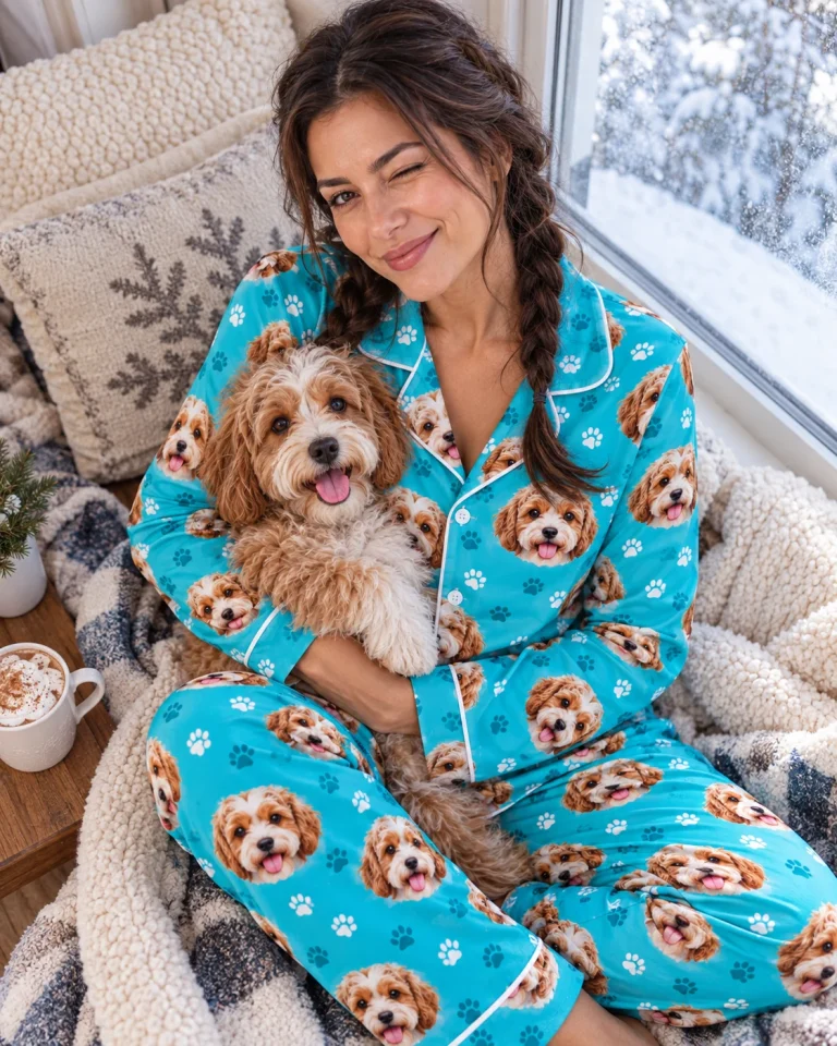 Woman in plaid pajamas cuddling her doodle puppy — MyDogPics