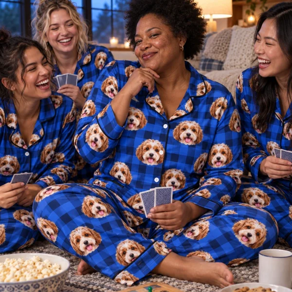 Woman and her friends in matching plaid pajamas with doodle puppy faces on blue plaid fabric with contrast piping — MyDogPics