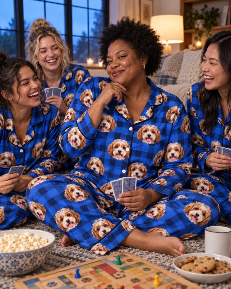 Woman and her friends in matching plaid pajamas with doodle puppy faces on blue plaid fabric with contrast piping — MyDogPics