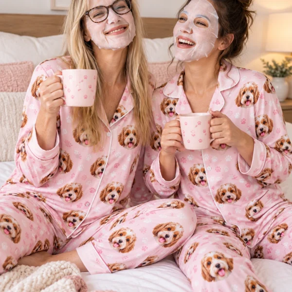 Woman and a friend in matching plaid pajamas with doodle puppy faces — MyDogPics