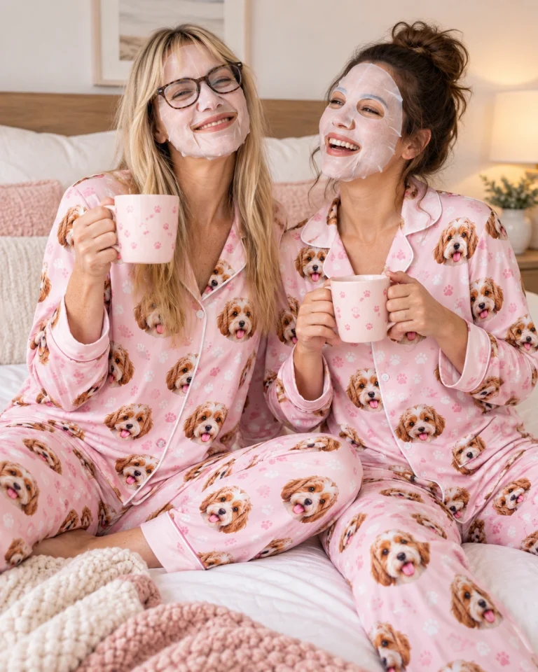 Woman and a friend in matching plaid pajamas with doodle puppy faces — MyDogPics
