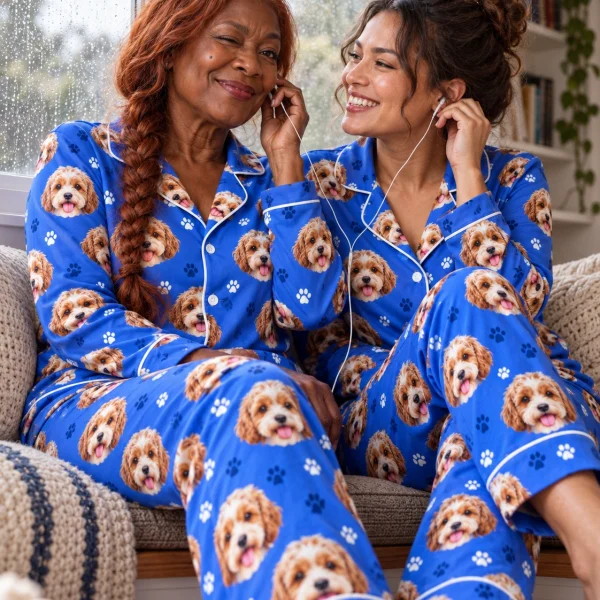 Woman and a friend in matching plaid pajamas with doodle puppy faces — MyDogPics