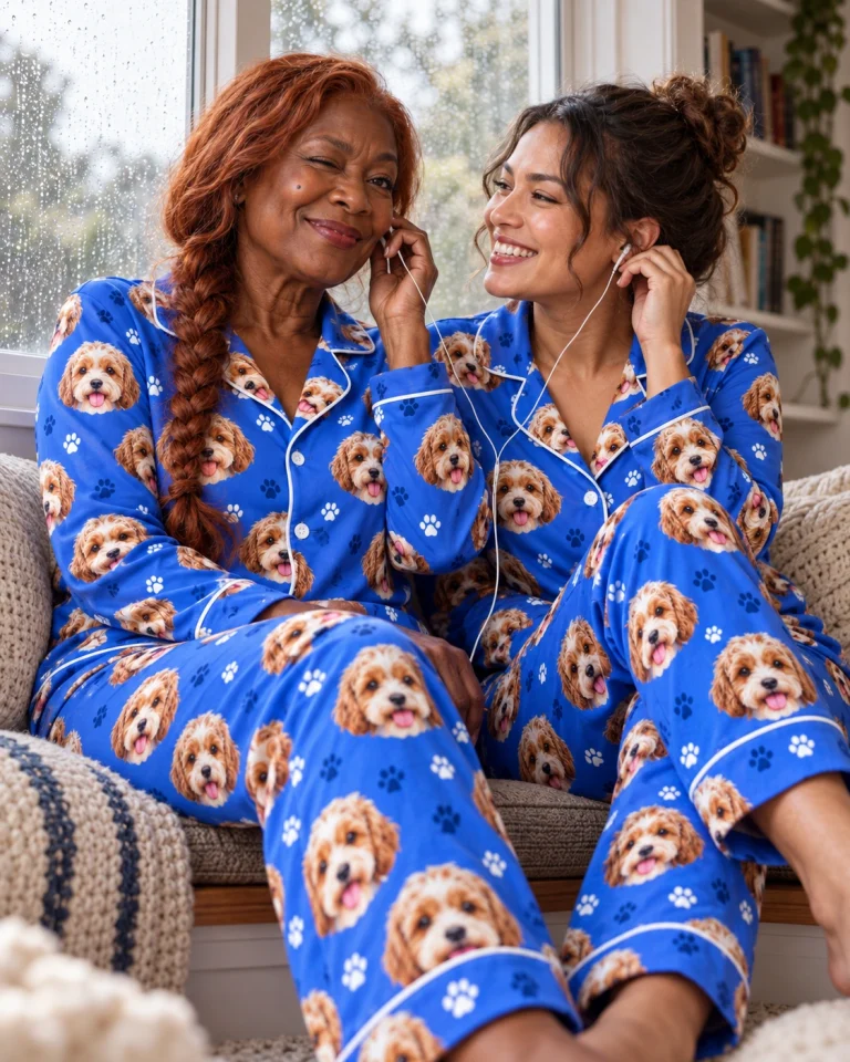 Woman and a friend in matching plaid pajamas with doodle puppy faces — MyDogPics