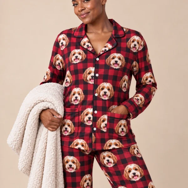 Woman wearing plaid pajamas covered in doodle puppy faces on red plaid fabric with contrast piping — MyDogPics