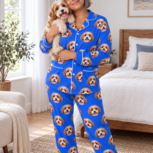 Woman in plaid pajamas holding her doodle puppy — MyDogPics
