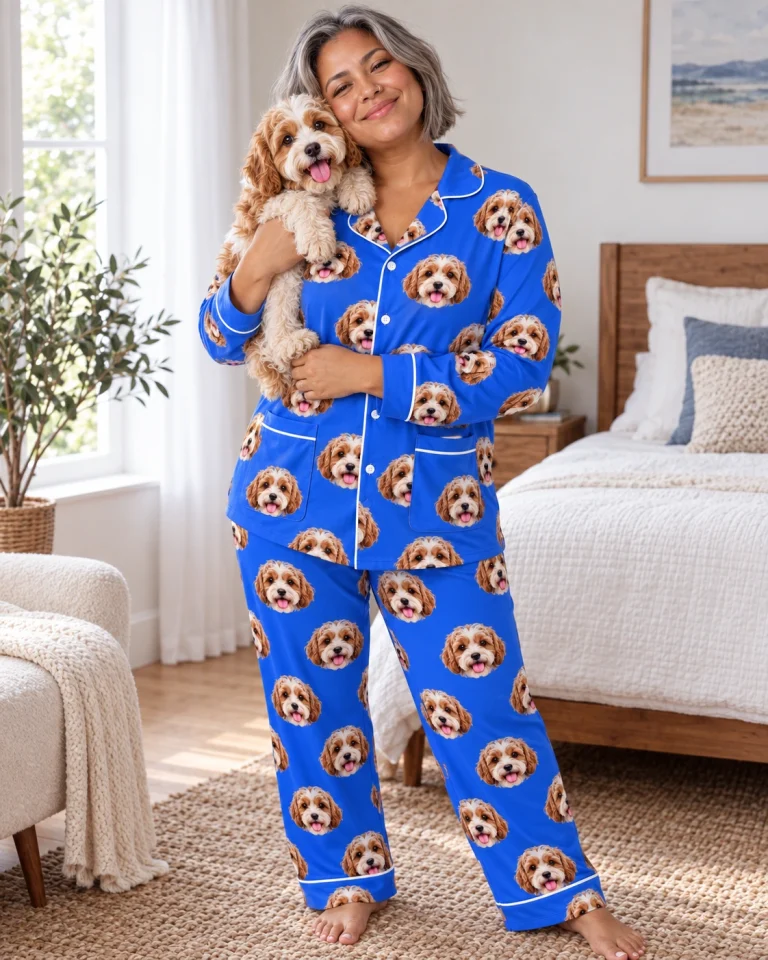 Woman in plaid pajamas holding her doodle puppy — MyDogPics