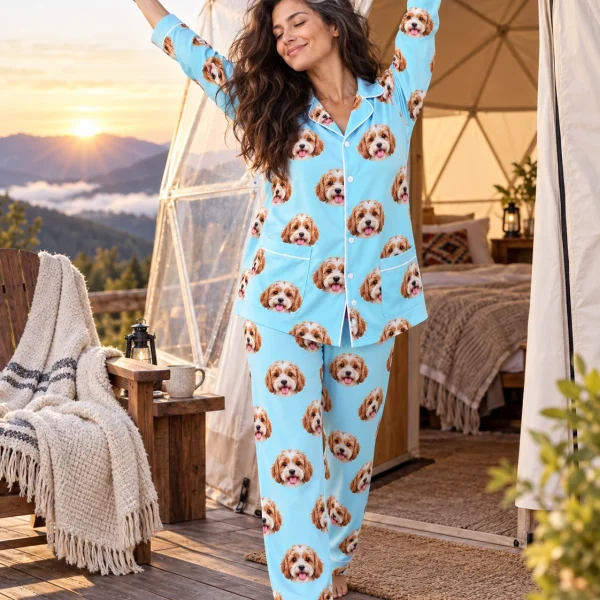 Woman posing in plaid pajamas, doodle puppy faces on light blue fabric with contrast piping — MyDogPics