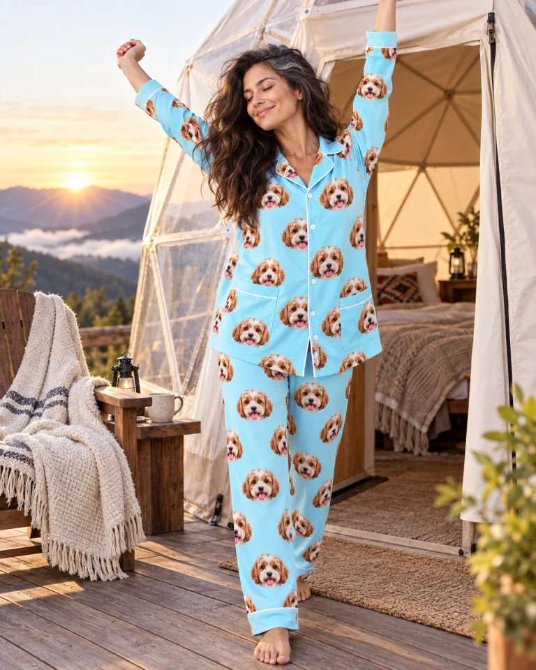 Woman posing in plaid pajamas, doodle puppy faces on light blue fabric with contrast piping — MyDogPics
