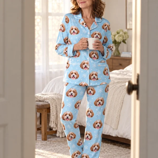 Woman posing in plaid pajamas, doodle puppy faces on light blue snowflake fabric with contrast piping — MyDogPics