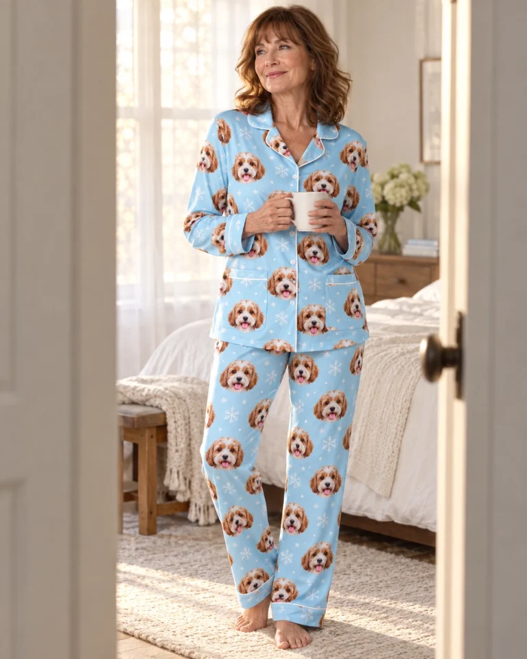Woman posing in plaid pajamas, doodle puppy faces on light blue snowflake fabric with contrast piping — MyDogPics