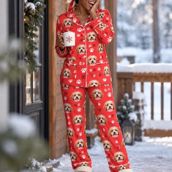 Woman posing in plaid pajamas, doodle puppy faces on red paw-print fabric with contrast piping — MyDogPics