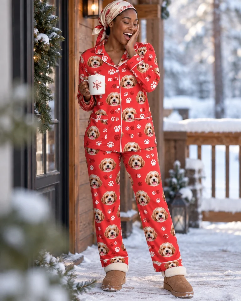 Woman posing in plaid pajamas, doodle puppy faces on red paw-print fabric with contrast piping — MyDogPics