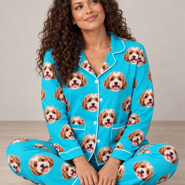 Woman sitting in plaid pajamas covered in doodle puppy faces — MyDogPics