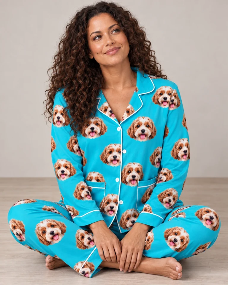 Woman sitting in plaid pajamas covered in doodle puppy faces — MyDogPics