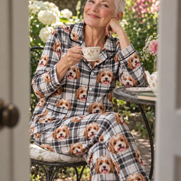 Woman sitting in plaid pajamas covered in doodle puppy faces — MyDogPics