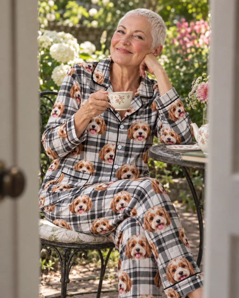 Woman sitting in plaid pajamas covered in doodle puppy faces — MyDogPics