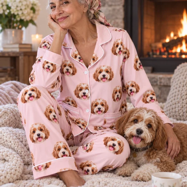 Woman in plaid pajamas with her doodle puppy — MyDogPics