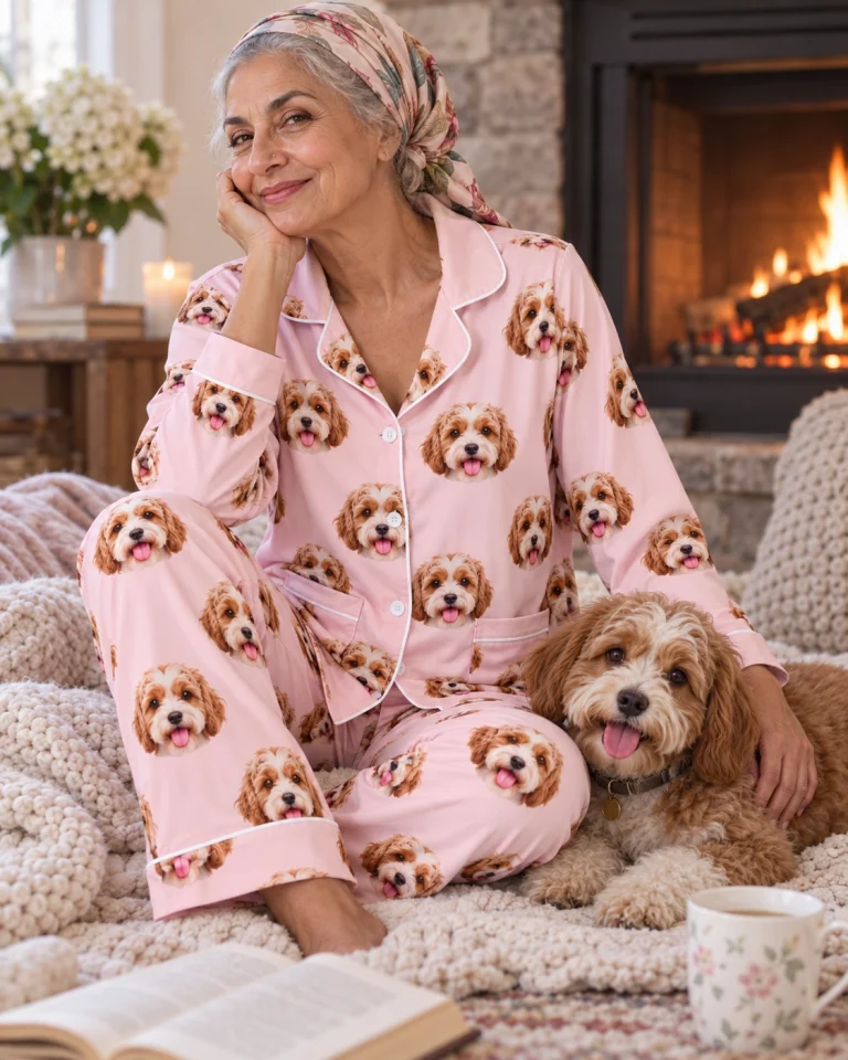Woman in plaid pajamas with her doodle puppy — MyDogPics