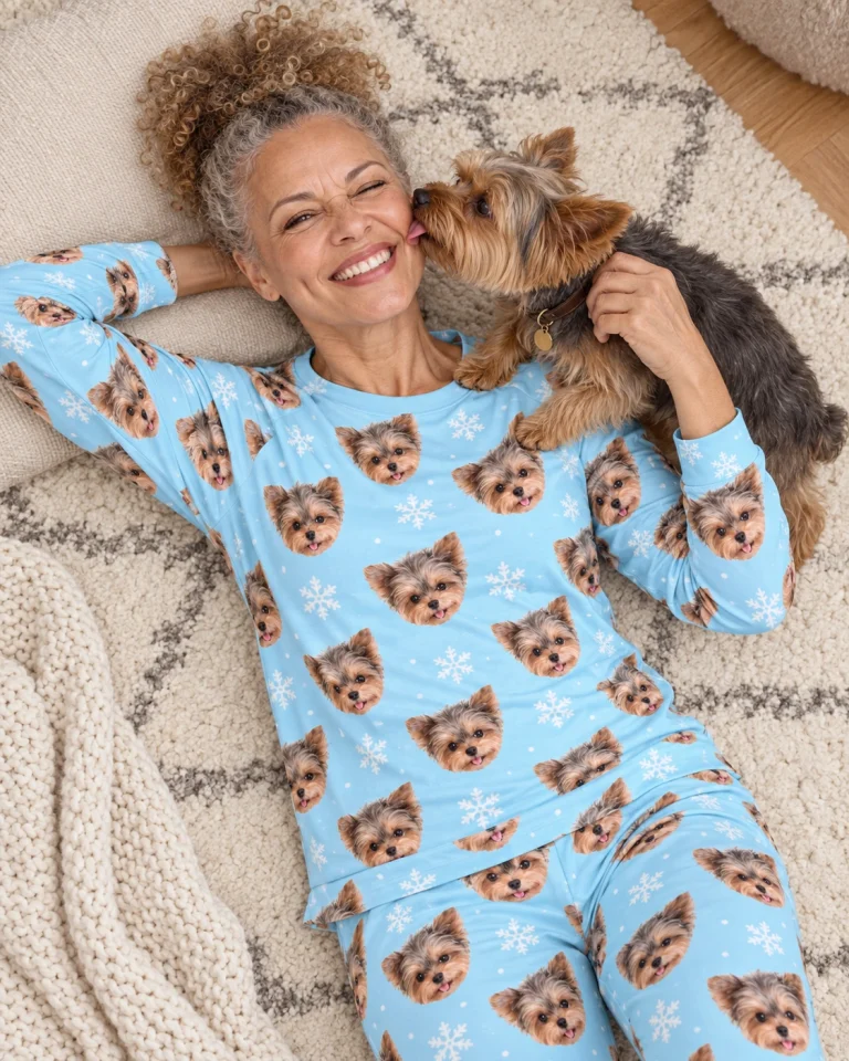 Woman in a plus size pajama sets cuddling her Yorkshire terrier — MyDogPics