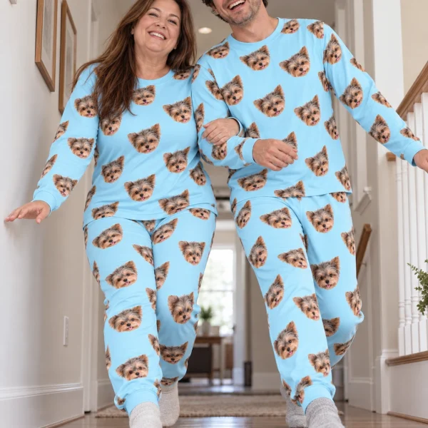 Woman and her sibling in matching plus size pajama sets with Yorkshire terrier faces on light blue fabric — MyDogPics