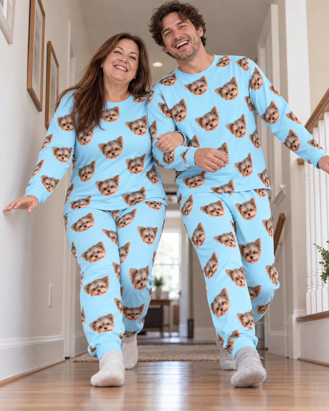 Plus Size Pajama Sets – Family, Light Blue | MyDogPics Woman and her sibling in matching plus size pajama sets with Yorkshire terrier faces on light blue fabric — MyDogPics