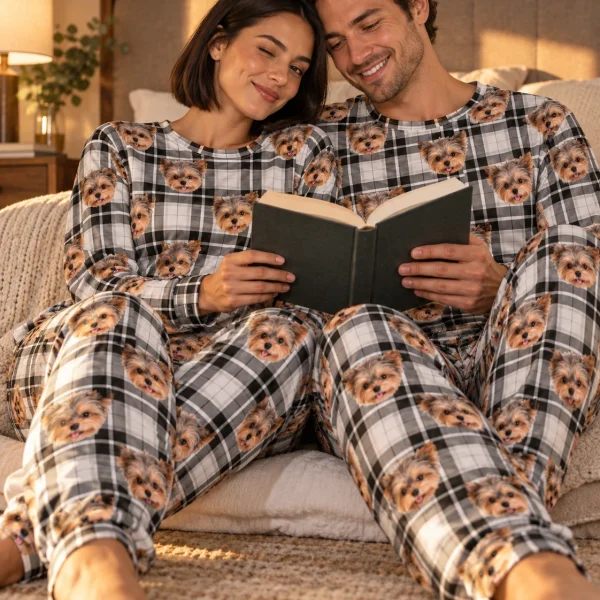 Woman and her partner in matching plus size pajama sets with Yorkshire terrier faces on white plaid fabric — MyDogPics