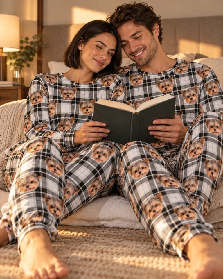 Woman and her partner in matching plus size pajama sets with Yorkshire terrier faces on white plaid fabric — MyDogPics