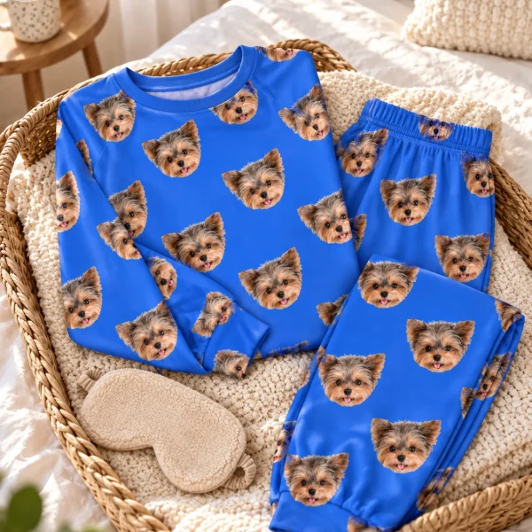 Flat lay of a plus size pajama sets: top and pants covered in Yorkshire terrier faces — MyDogPics
