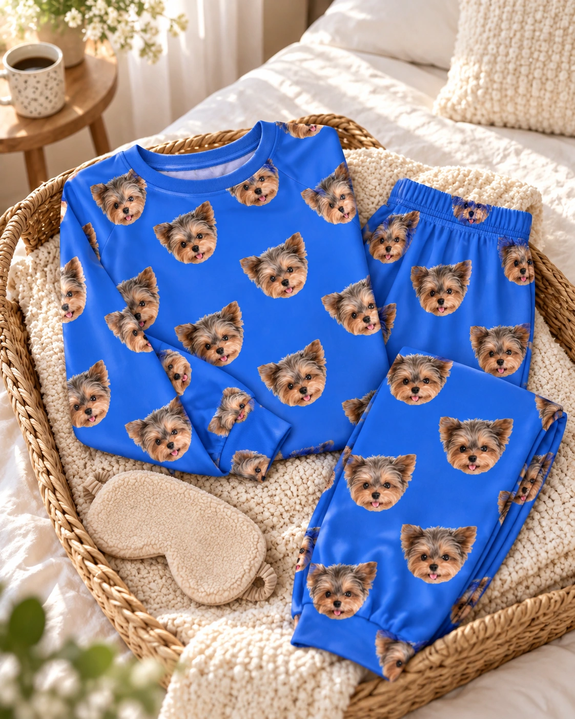 Plus Size Pajama Sets – Flat Lay, Royal Blue | MyDogPics Flat lay of a plus size pajama sets: top and pants covered in Yorkshire terrier faces — MyDogPics