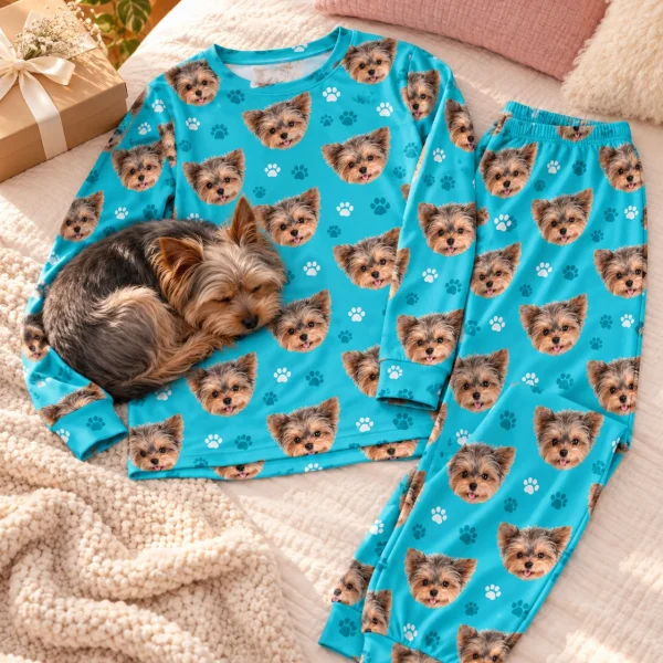 Flat lay of a plus size pajama sets: top and pants covered in Yorkshire terrier faces — MyDogPics