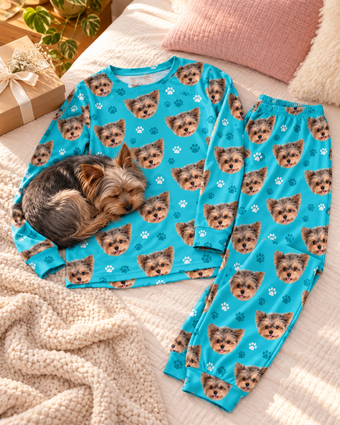 Plus Size Pajama Sets – Flat Lay, Teal Paw-Print | MyDogPics Flat lay of a plus size pajama sets: top and pants covered in Yorkshire terrier faces — MyDogPics