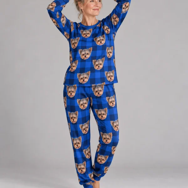 Woman posing in a plus size pajama sets, Yorkshire terrier faces on blue plaid fabric — MyDogPics
