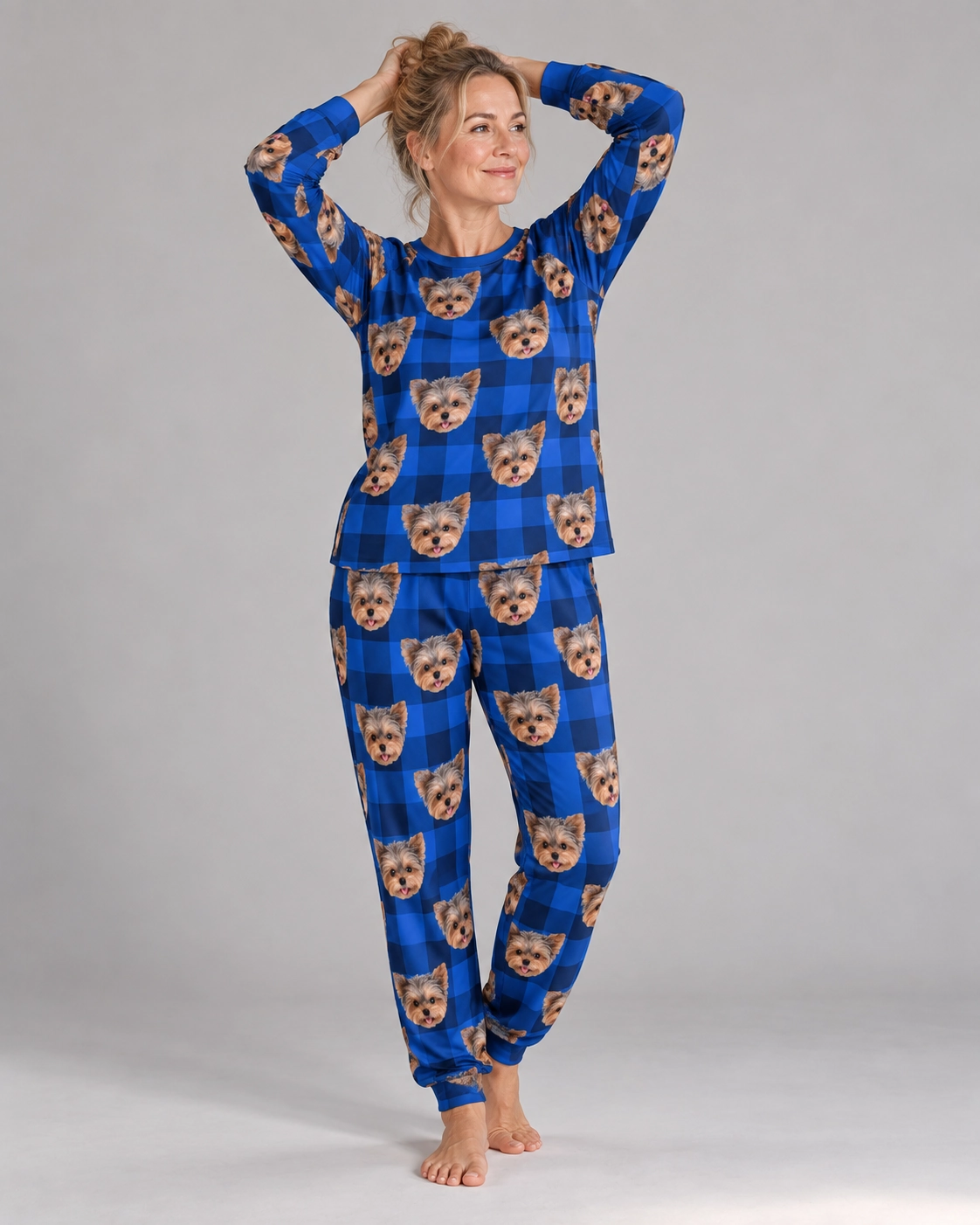 Plus Size Pajama Sets – Pose, Blue Plaid | MyDogPics Woman posing in a plus size pajama sets, Yorkshire terrier faces on blue plaid fabric — MyDogPics