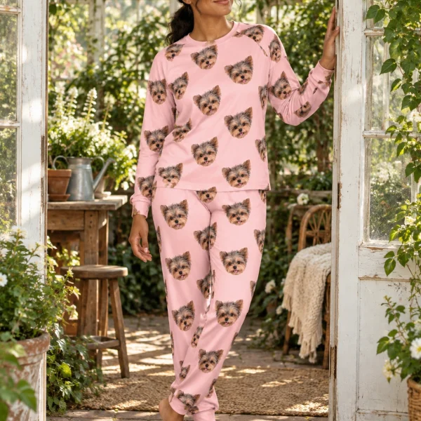 Woman posing in a plus size pajama sets, Yorkshire terrier faces on blush pink fabric — MyDogPics