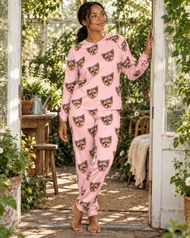 Woman posing in a plus size pajama sets, Yorkshire terrier faces on blush pink fabric — MyDogPics