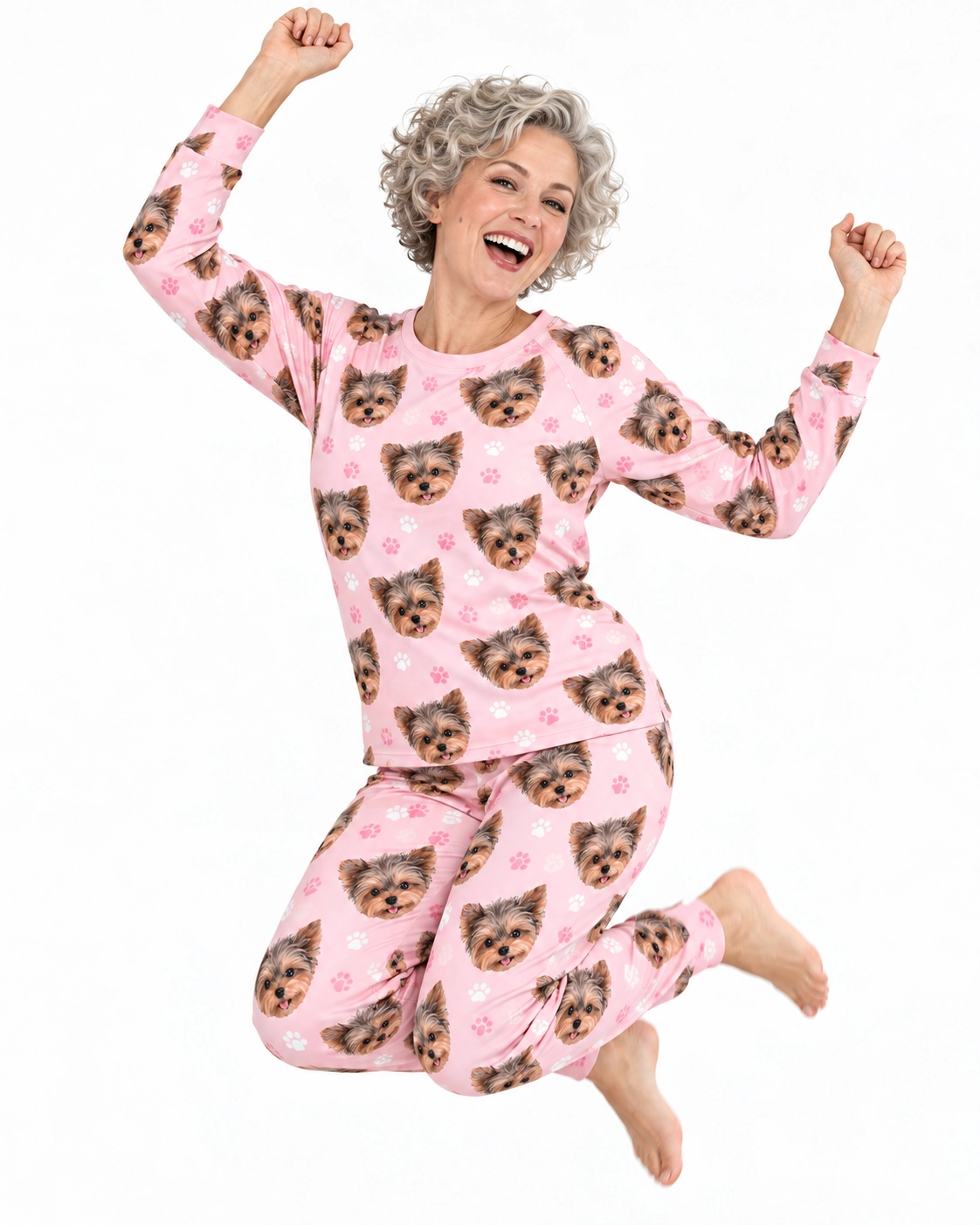 Plus Size Pajama Sets – Pose, Blush Pink Paw-Print | MyDogPics Woman posing in a plus size pajama sets, Yorkshire terrier faces on blush pink paw-print fabric — MyDogPics