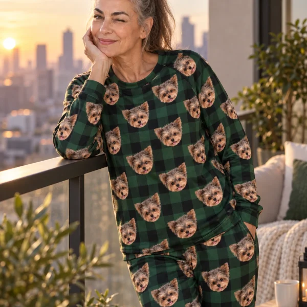Woman posing in a plus size pajama sets, Yorkshire terrier faces on green plaid fabric — MyDogPics