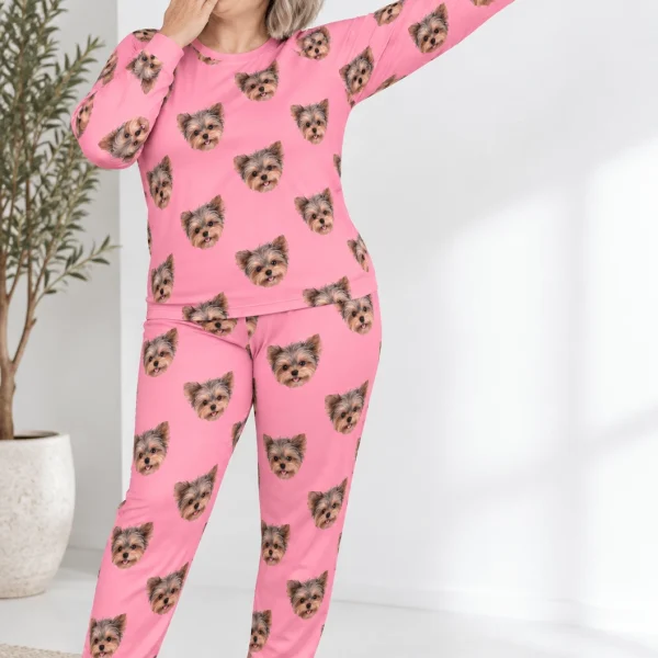 Woman posing in a plus size pajama sets, Yorkshire terrier faces on pink fabric — MyDogPics