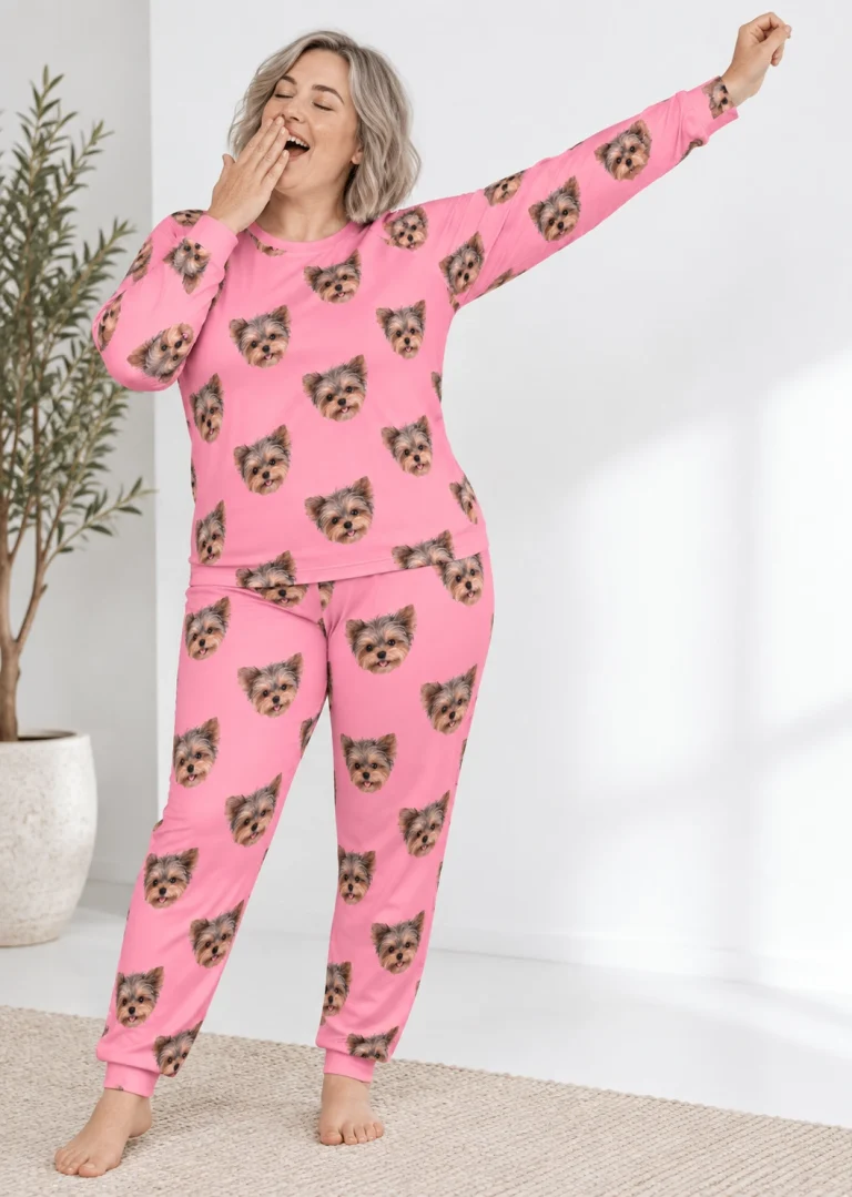 Woman posing in a plus size pajama sets, Yorkshire terrier faces on pink fabric — MyDogPics