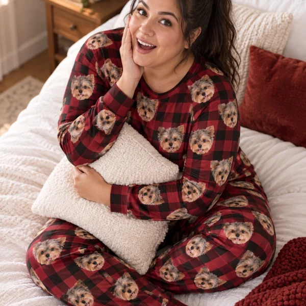 Woman sitting in a plus size pajama sets covered in Yorkshire terrier faces — MyDogPics