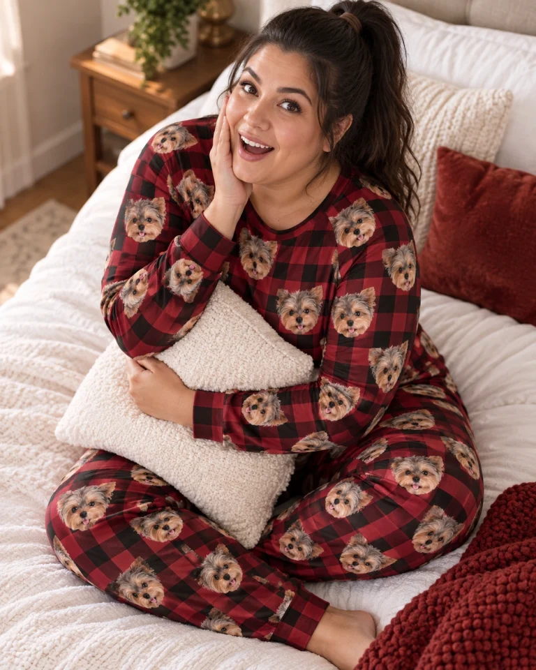 Woman sitting in a plus size pajama sets covered in Yorkshire terrier faces — MyDogPics