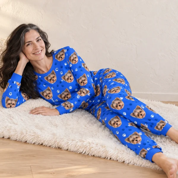 Woman sitting in a plus size pajama sets covered in Yorkshire terrier faces — MyDogPics