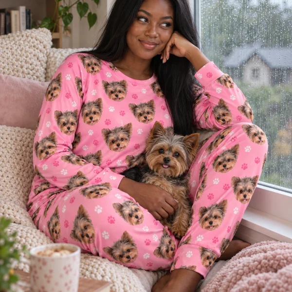 Woman in a plus size pajama sets with her Yorkshire terrier — MyDogPics