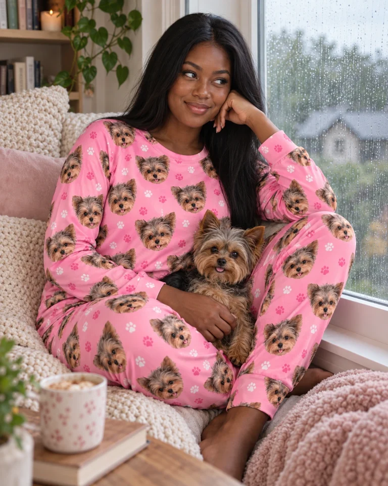 Woman in a plus size pajama sets with her Yorkshire terrier — MyDogPics